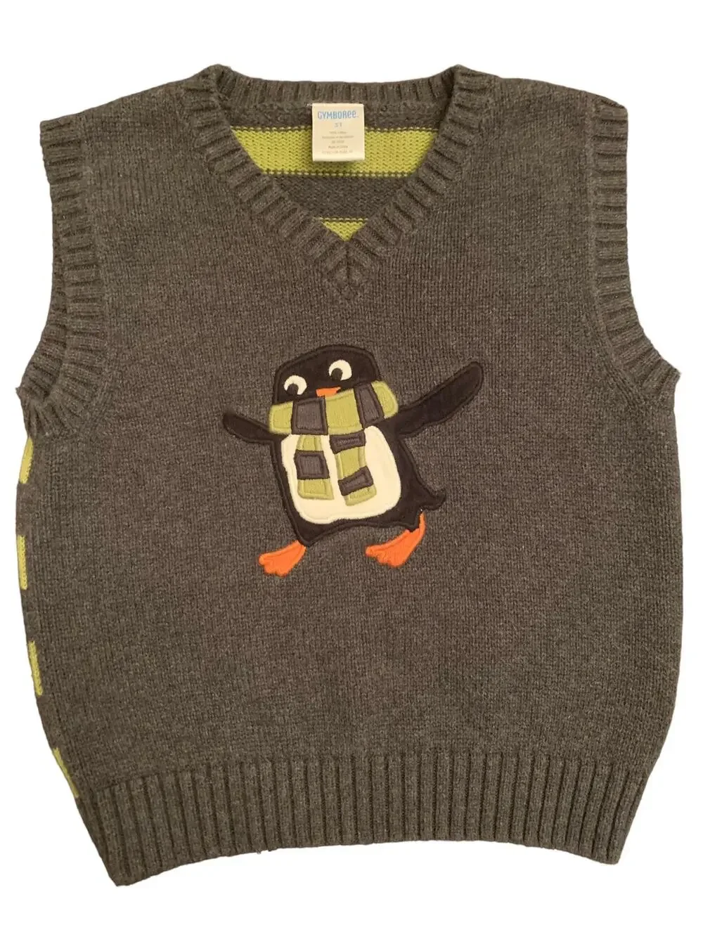 Y2K Gymboree Boys Gray Green V-Neck Penguin Sweater Vest 3T Holiday 100% Cotton